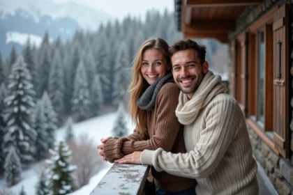 Couple souriant dans une cabane alpine enneigee