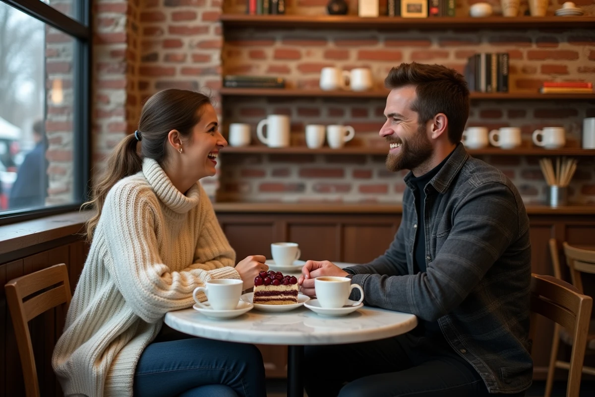 Couple partageant un gâteau dans un café cosy de Berlin pendant un city trip romantique