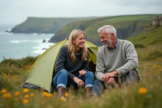 Couple français souriant installant une tente sur un camping breton