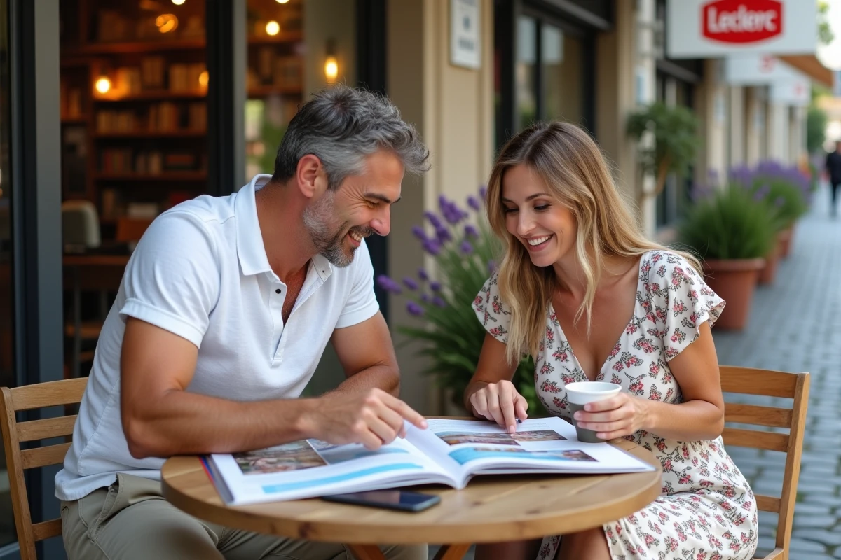 Couple planifiant leurs vacances d'été 2026 avec un catalogue Voyage Leclerc en terrasse