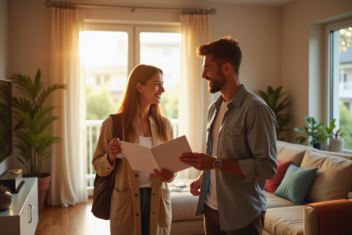Jeune couple souriant vérifiant leurs documents de voyage dans un Airbnb lumineux