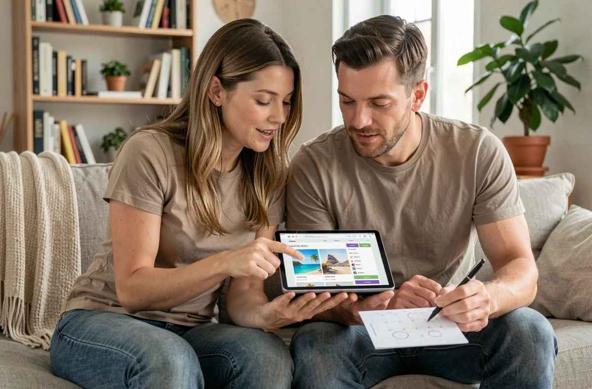 Couple comparant les offres et codes promotionnels Promovacances pour choisir entre réservation anticipée et dernière minute