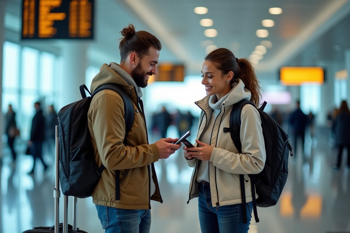 Couple comparant des applications de réservation de voyage en liberté dans un aéroport