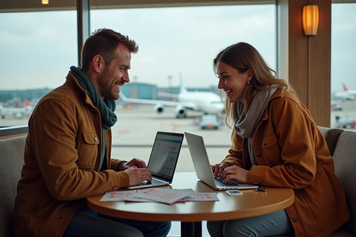 Couple comparant des offres de vols long-courriers sur ordinateurs portables dans un salon d'aéroport
