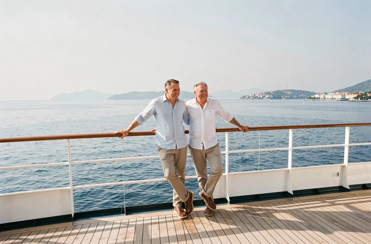 Couple sur le pont d'un navire de croisière en mer Adriatique avec vue sur la côte croate au loin