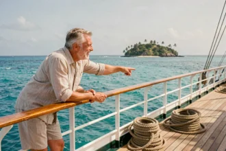 Couple souriant sur le pont d'un navire de croisière inter îles pointant vers une île tropicale au loin