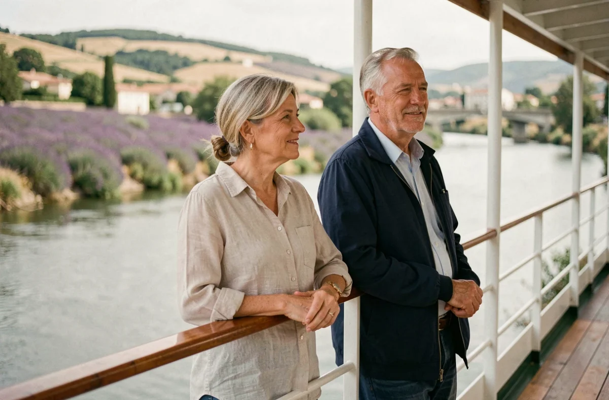 Couple de voyageurs profitant du pont supérieur d'un bateau de croisière sur le Rhône en Provence