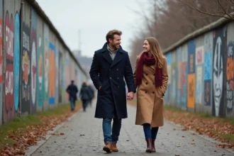 Couple en amoureux se promenant devant la East Side Gallery à Berlin en automne