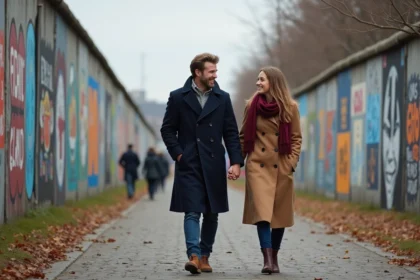 Couple en amoureux se promenant devant la East Side Gallery à Berlin en automne