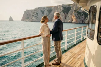 Couple élégant sur le pont en teck d'une croisière de luxe avec vue sur une côte rocheuse et des eaux turquoise