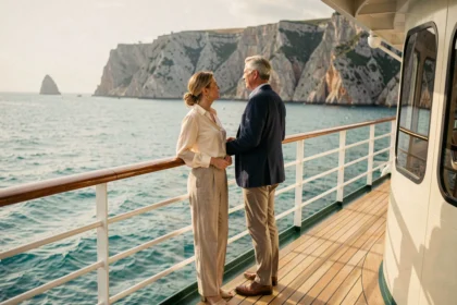 Couple élégant sur le pont en teck d'une croisière de luxe avec vue sur une côte rocheuse et des eaux turquoise