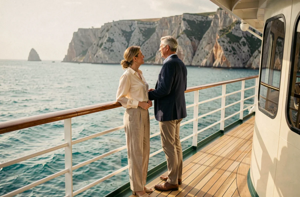 Couple élégant sur le pont en teck d'une croisière de luxe avec vue sur une côte rocheuse et des eaux turquoise