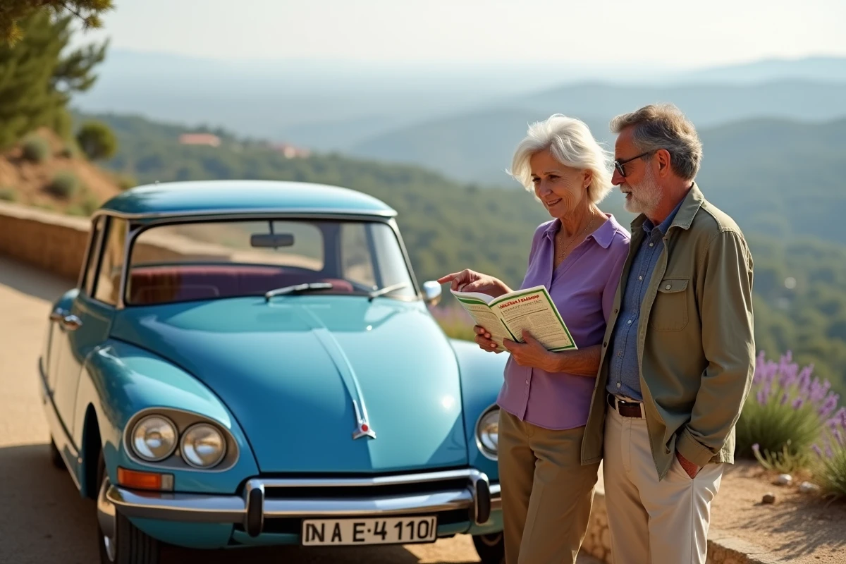 Couple de voyageurs consultant un guide Michelin Provence devant un panorama de champs de lavande et de villages perchés provençaux