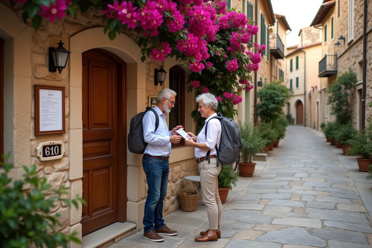 Couple devant l'entrée d'un hôtel boutique méditerranéen consultent les tarifs rapport qualité-prix