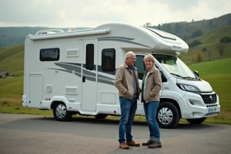 Couple discutant près d'un camping-car dans la nature
