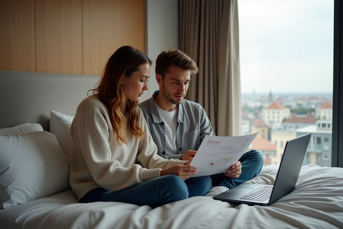 Jeune couple planifiant voyage dans chambre d