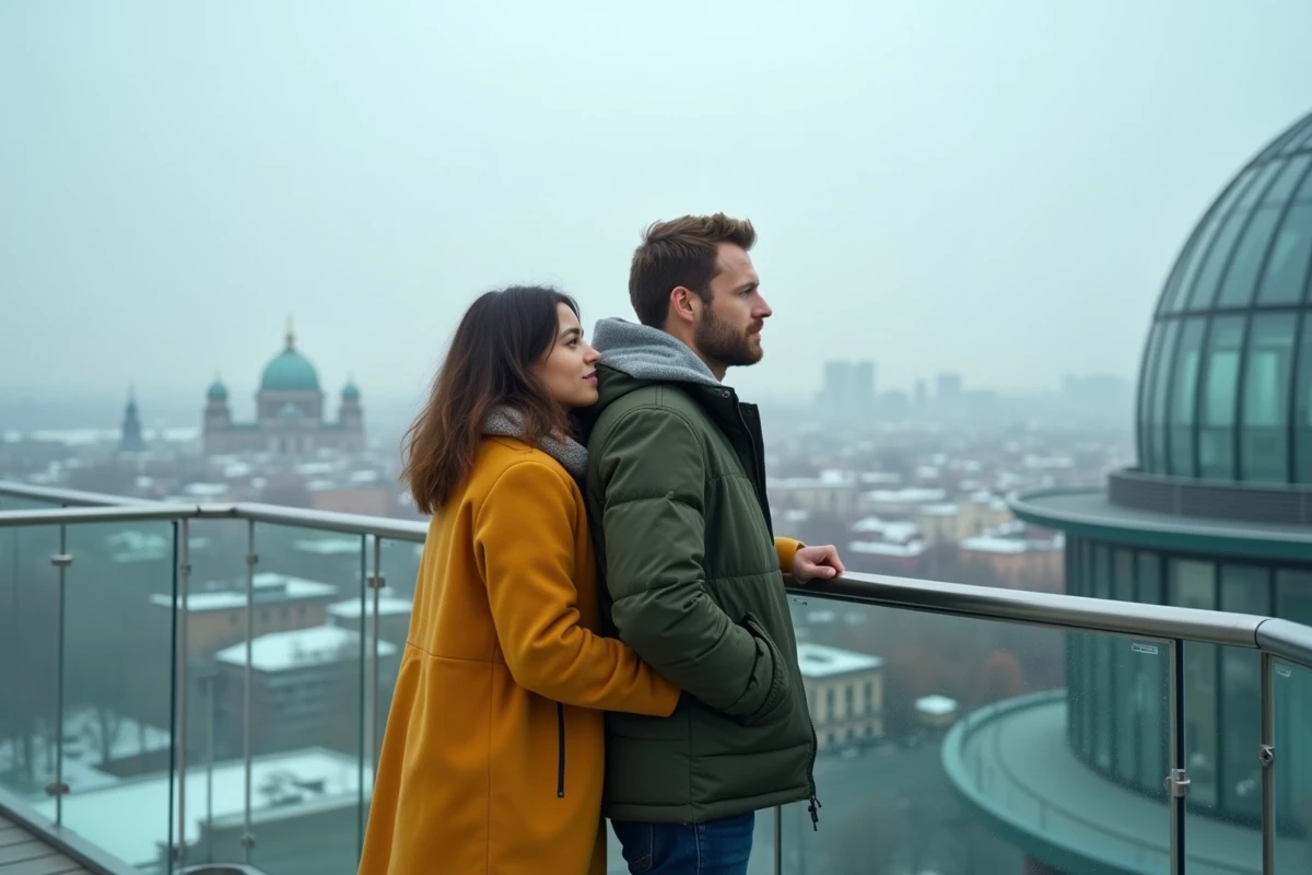 Couple amoureux admirant le panorama de Berlin depuis le toit du Reichstag en hiver