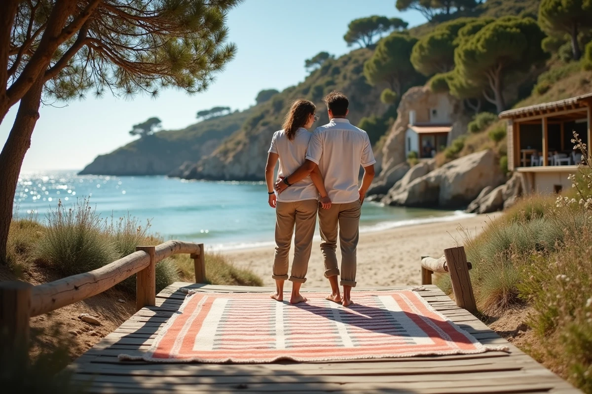 Couple détendu étale une serviette sur la plage de Cala d