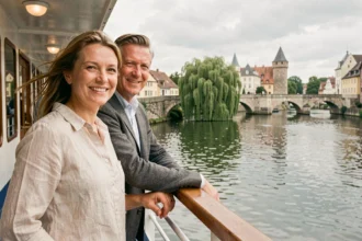 Couple profitant du pont extérieur d'un bateau de croisière fluviale sur un fleuve européen