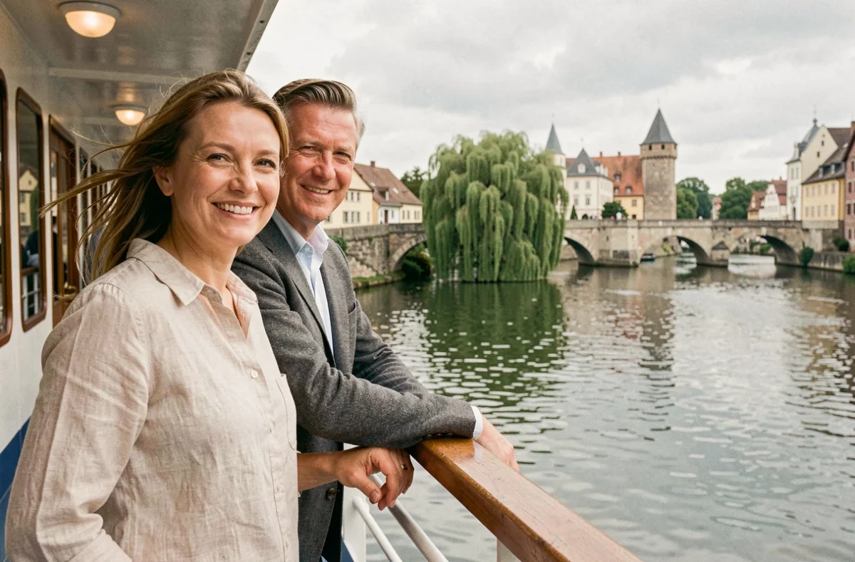 Couple profitant du pont extérieur d'un bateau de croisière fluviale sur un fleuve européen