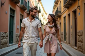 Jeune couple souriant en se promenant dans une rue de Palerme