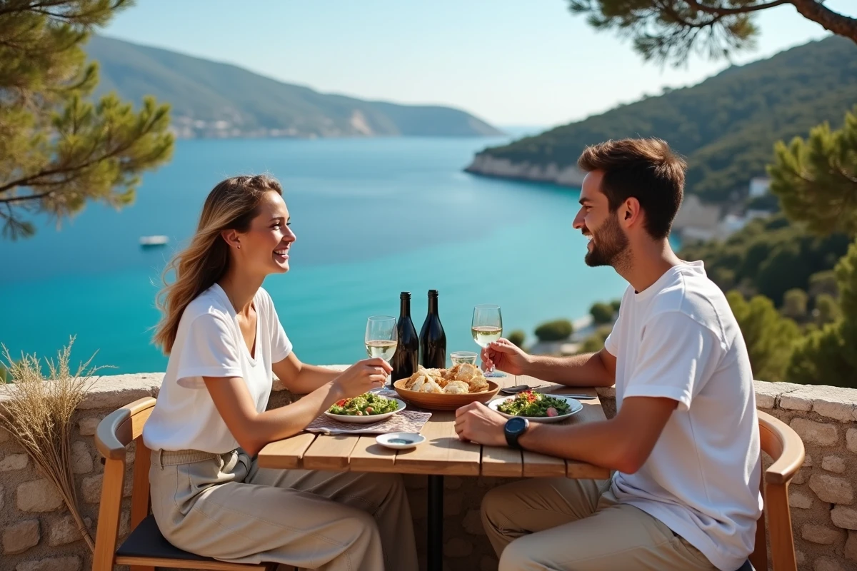 Couple profite d'un repas économique en terrasse face à la mer turquoise de Skopelos en Grèce