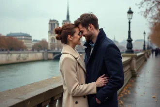 Couple romantique sur le Pont de l'Archevêché à Paris avec Notre-Dame en arrière-plan en automne