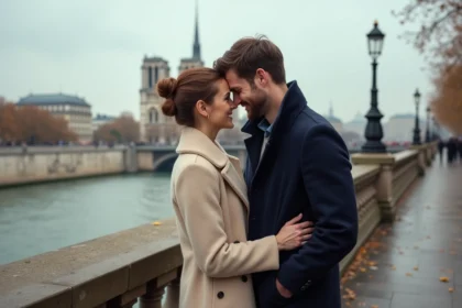 Couple romantique sur le Pont de l'Archevêché à Paris avec Notre-Dame en arrière-plan en automne