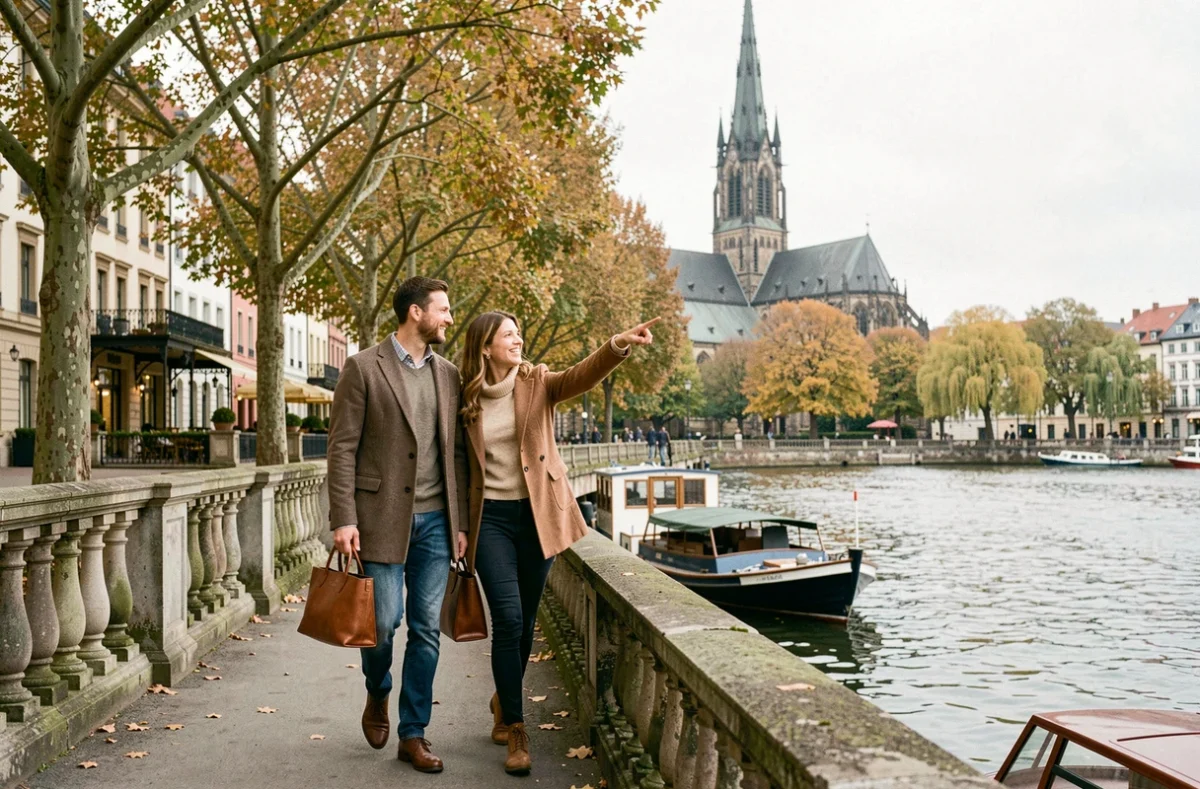 Couple en séjour dans un hôtel 5 étoiles à Strasbourg se promenant sur les quais de l'Ill près du quartier historique en automne