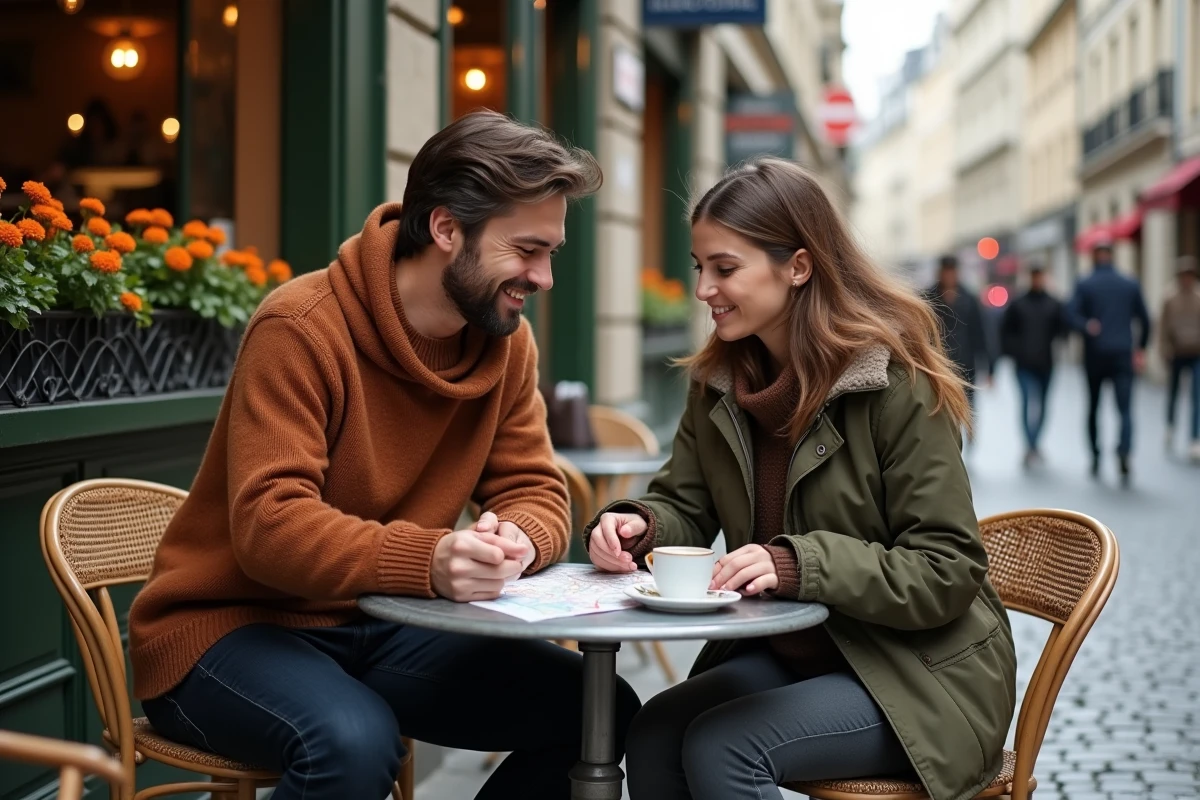 Couple de touristes consultant un guide de Paris en terrasse d'un café du Marais