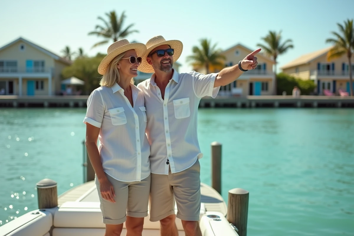 Couple de vacanciers sur un bateau prêt à partir depuis le Coral Lagoon Resort à Marathon dans les Florida Keys