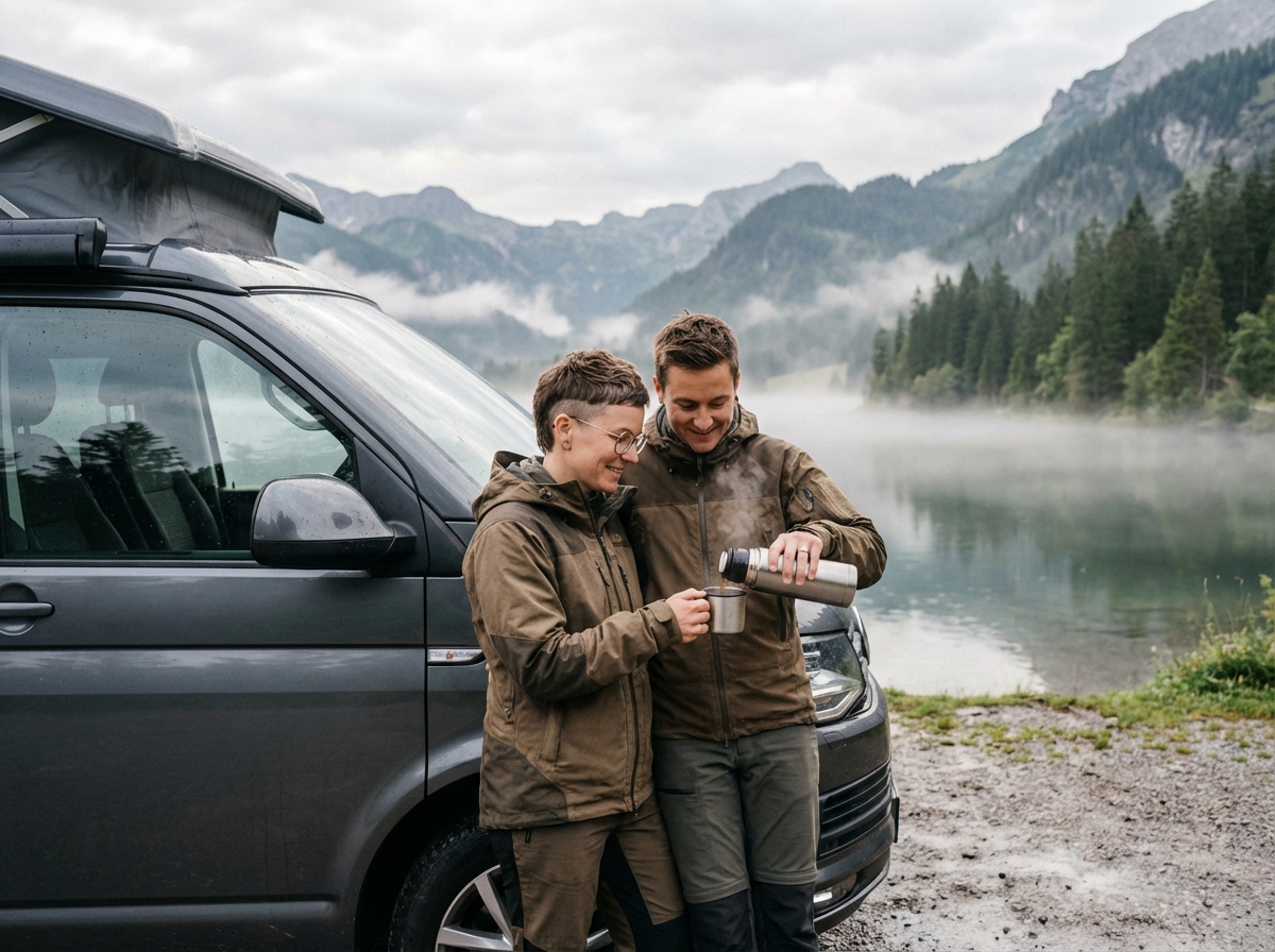 Couple avec van au bord d’un lac de montagne