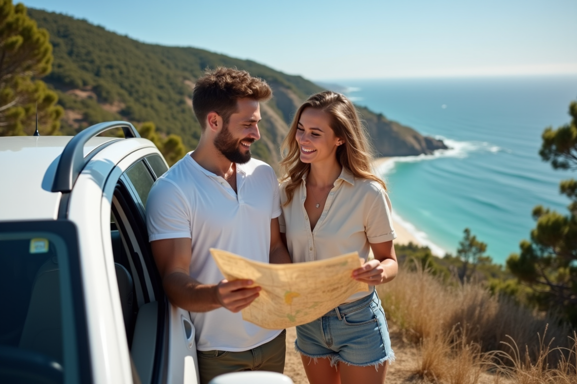 Jeune couple découvrant la côte en voiture surplombant l'océan