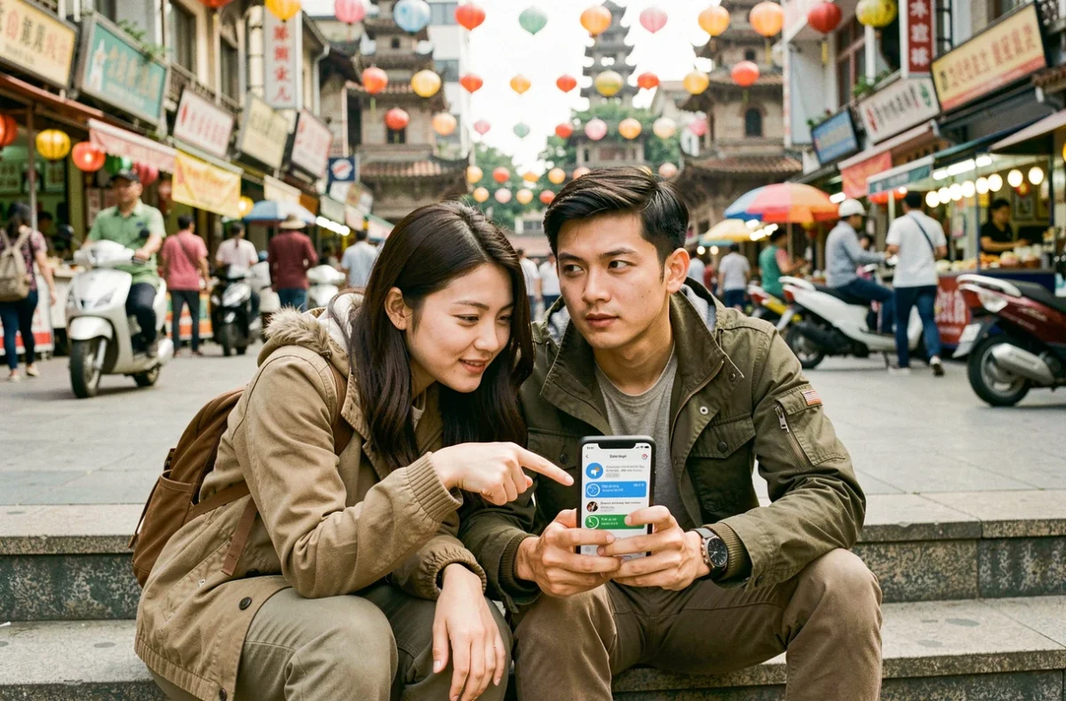 Couple de voyageurs consultant Google Maps sur les marches d'une place animée en Asie