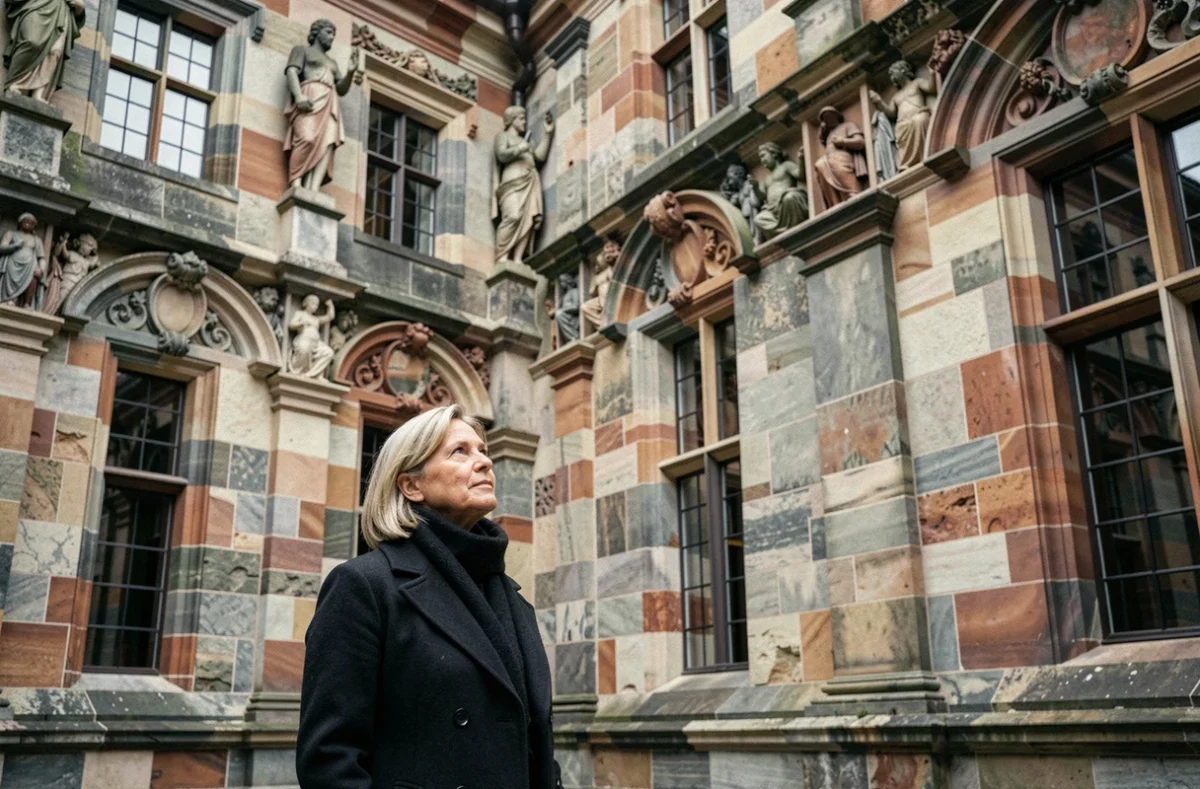 Femme admirant la façade Renaissance ornée de l'Ottheinrichsbau dans la cour intérieure du château de Heidelberg