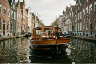 Bateau de croisière sur les canaux d'Amsterdam longeant des maisons à pignons du XVIIe siècle