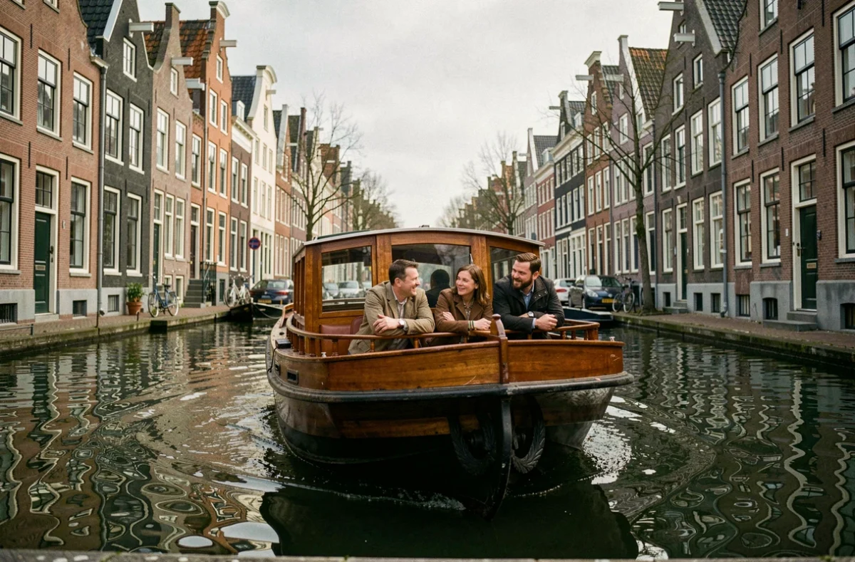 Bateau de croisière sur les canaux d'Amsterdam longeant des maisons à pignons du XVIIe siècle