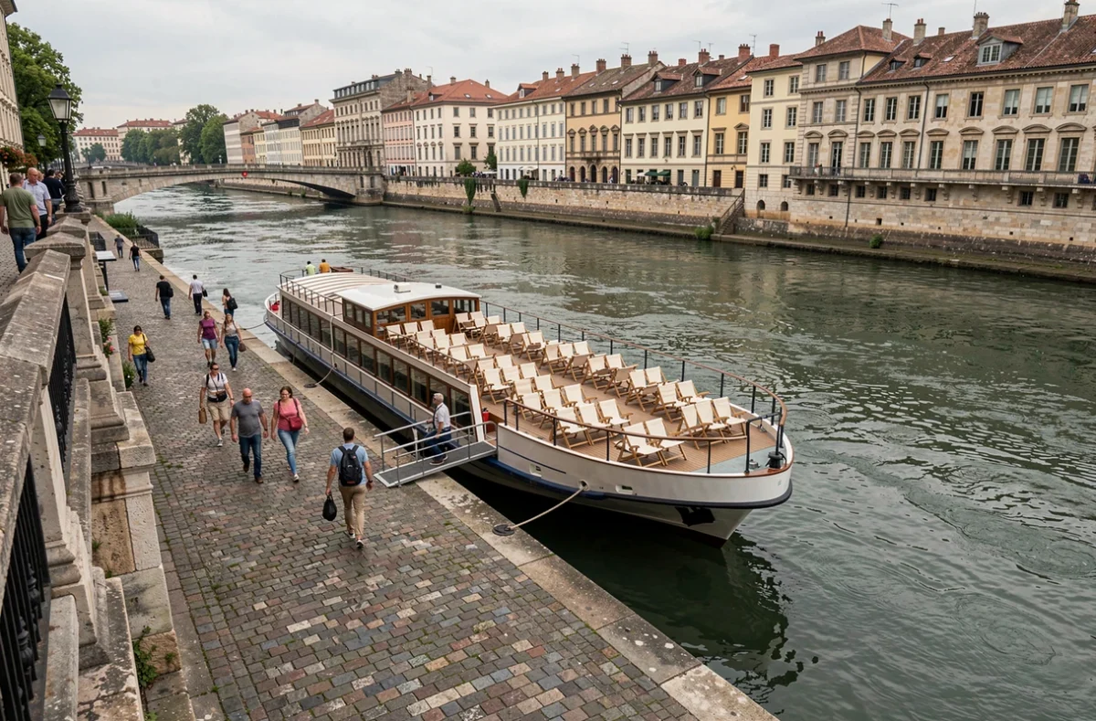 Bateau de croisière fluviale amarré sur les quais historiques de Lyon au bord de la Saône