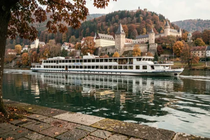 Bateau de croisière fluviale naviguant sur le Rhin avec des châteaux médiévaux en arrière-plan en automne