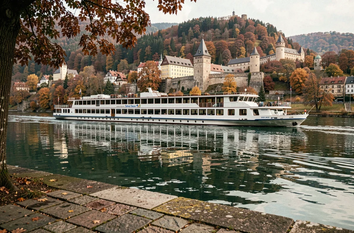 Bateau de croisière fluviale naviguant sur le Rhin avec des châteaux médiévaux en arrière-plan en automne