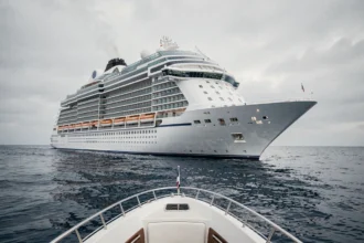 Paquebot de croisière de luxe Europa 2 naviguant en pleine mer, vue extérieure grand angle depuis un canot