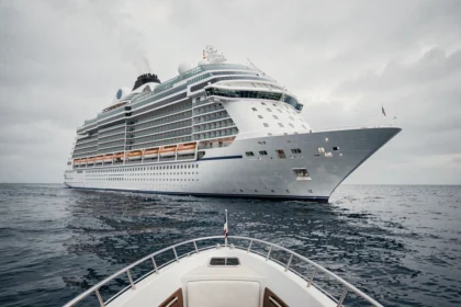 Paquebot de croisière de luxe Europa 2 naviguant en pleine mer, vue extérieure grand angle depuis un canot