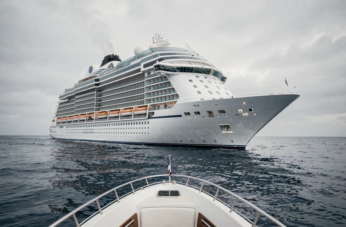 Paquebot de croisière de luxe Europa 2 naviguant en pleine mer, vue extérieure grand angle depuis un canot