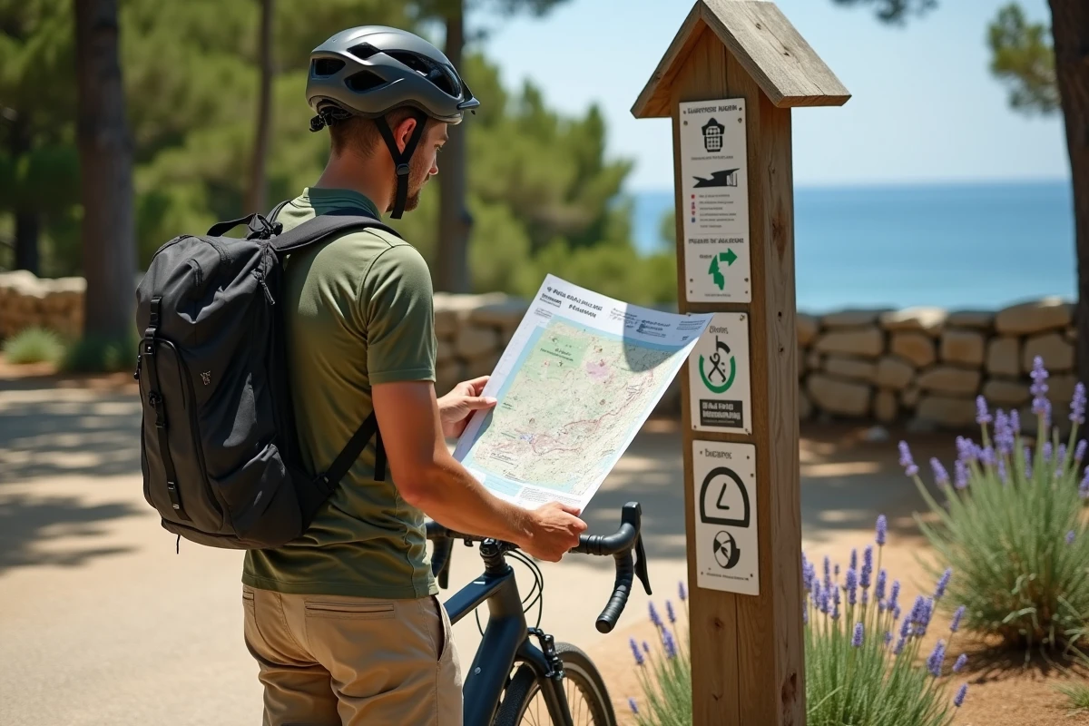 Cycliste masculin consultant une carte en vélo électrique à un croisement de sentiers sur l'île de Mljet avec vue sur la mer Adriatique