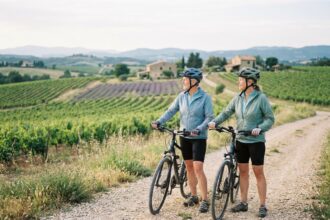Couple de cyclistes souriants dans les vignobles en Provence
