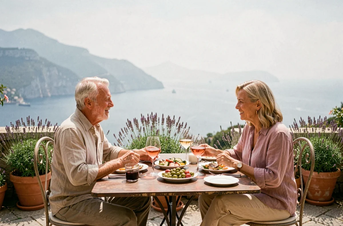Couple déjeunant en terrasse à Eze avec vue sur la Méditerranée et verre de rosé provençal