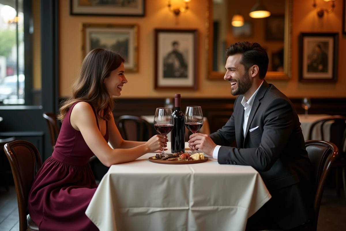 Dîner romantique en amoureux dans une brasserie parisienne avec vin rouge et plateau de charcuterie