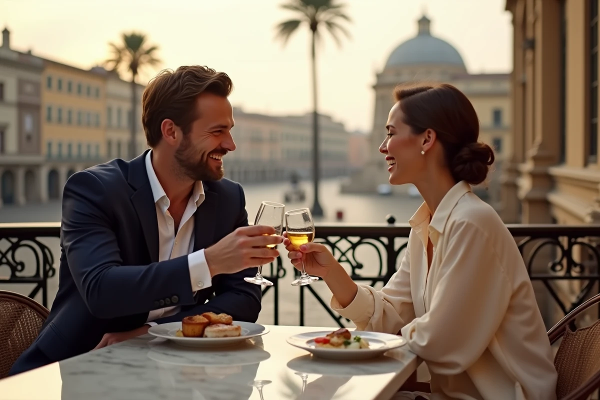 Couple trinquant lors d’un dîner romantique à Palerme