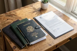 Dossier administratif et passeport posés sur un bureau