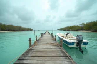 Embarcadère en bois avec bateau blanc amarré sur le lagon turquoise du Coral Lagoon Resort à Marathon, Floride